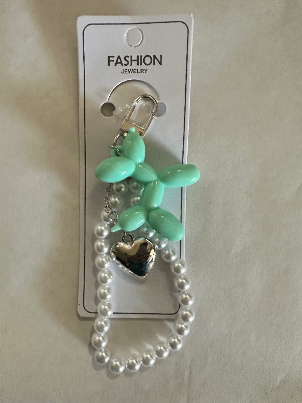 Balloon Dog Keychain w/ Silver Heart & Pearls | Cute Charm Accessory